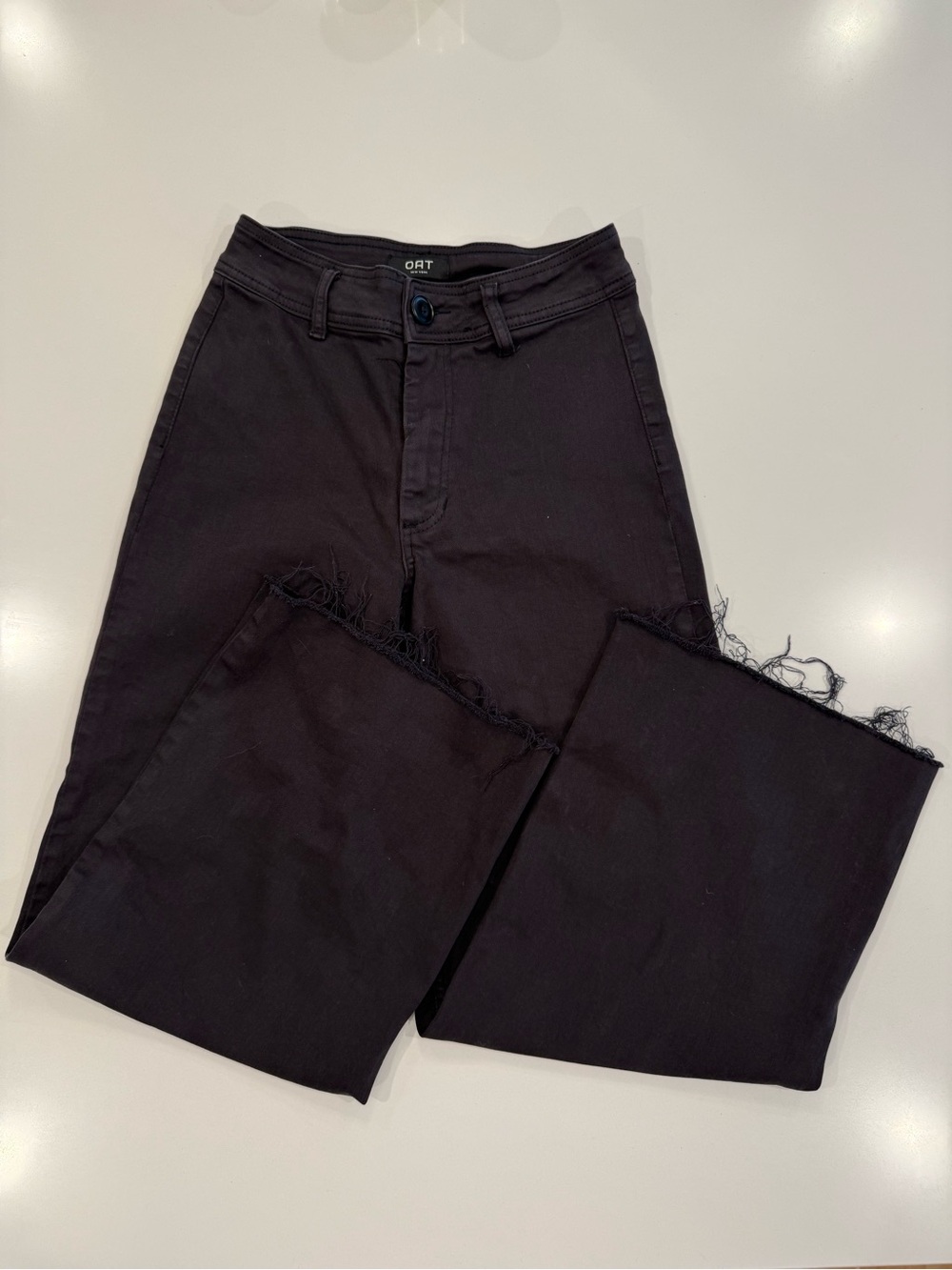 Oat NY Jeans Women 0/25 Black Denim High Rise Wide Leg Raw Hem Flat Front